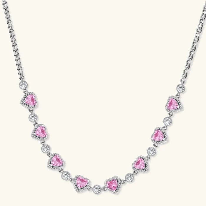 Pink Heart Zirconia necklace with a silver-tone chain, pink heart-cut stones and clear round accents in pavé settings