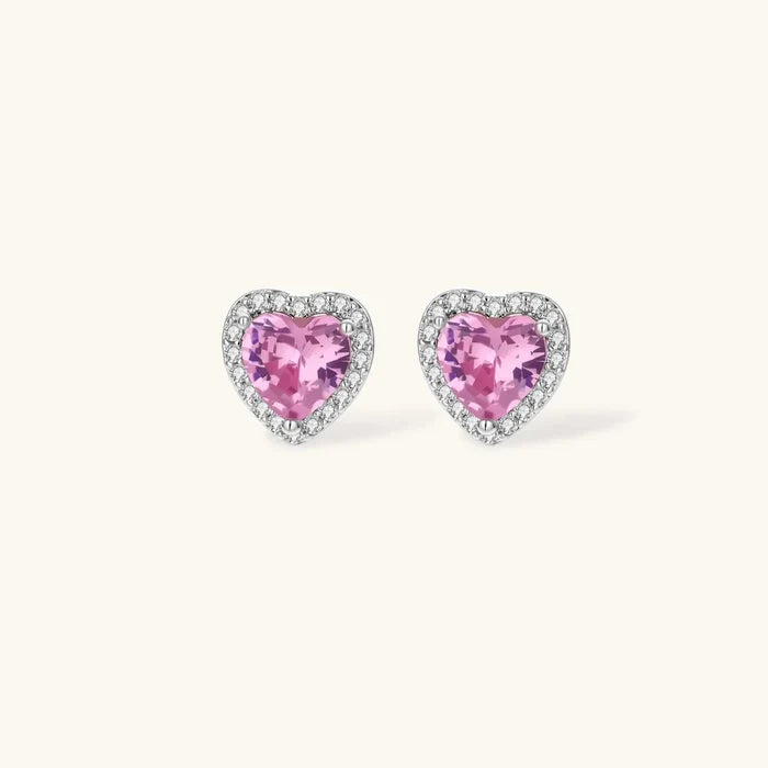 Pink Heart Zirconia stud earrings in silver-tone metal, with pink heart-cut stones and sparkling clear halo accents