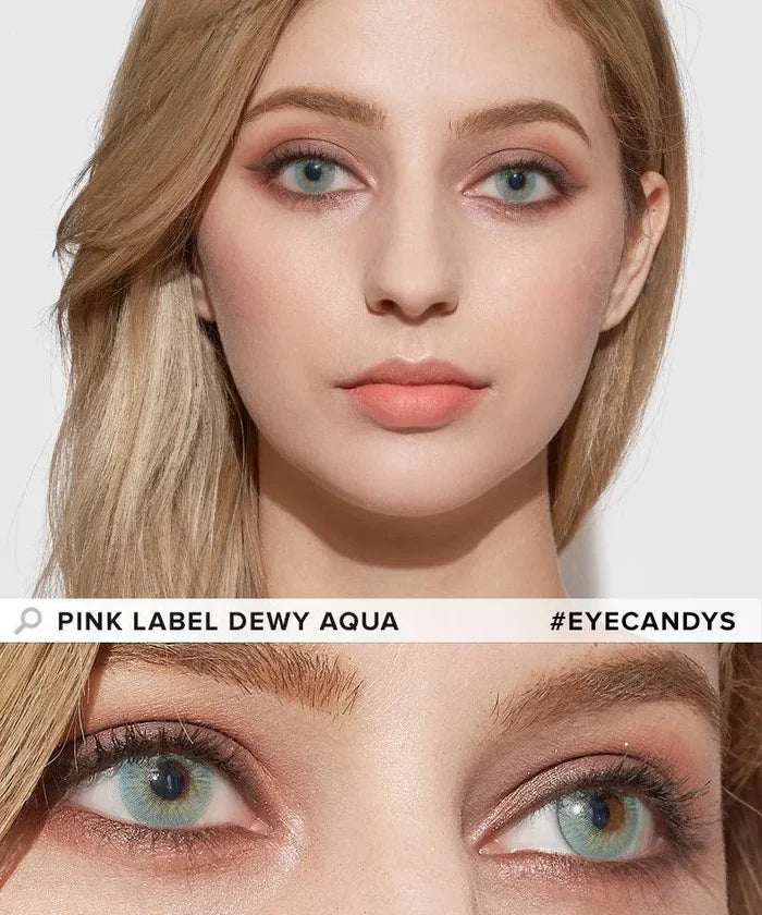 Woman wearing EyeCandys Pink Label Dewy Aqua blue contact lenses – close-up of eyes showing natural light blue lens design