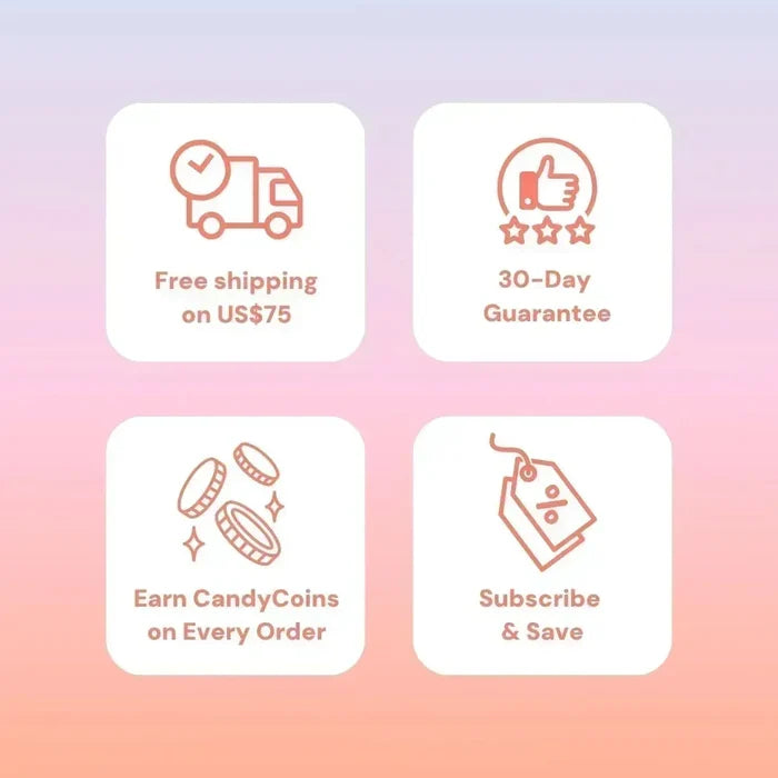 Free shipping on orders over $75, 30-day guarantee, earn CandyCoins on every order, subscribe and save – EyeCandys promo banner
