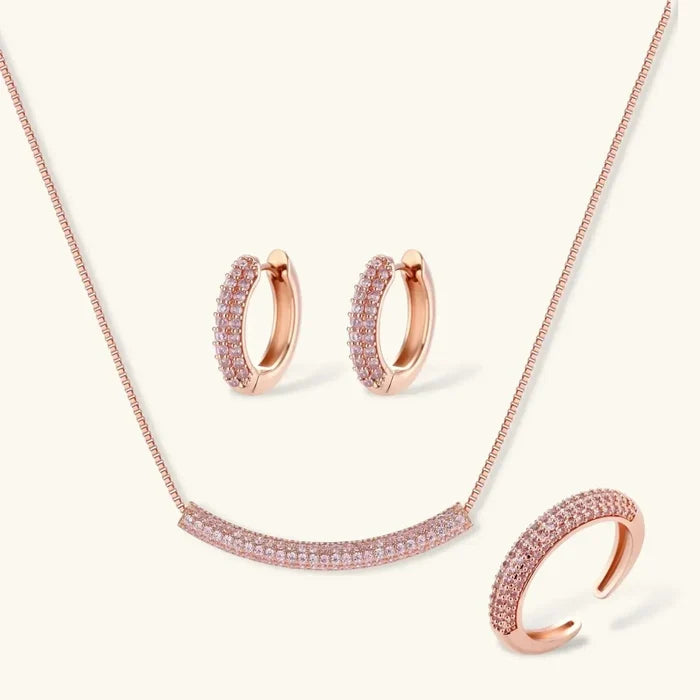 Pink Pavé Zirconia Necklace set with rose gold-tone curved bar pendant, matching hoop earrings and open pavé ring