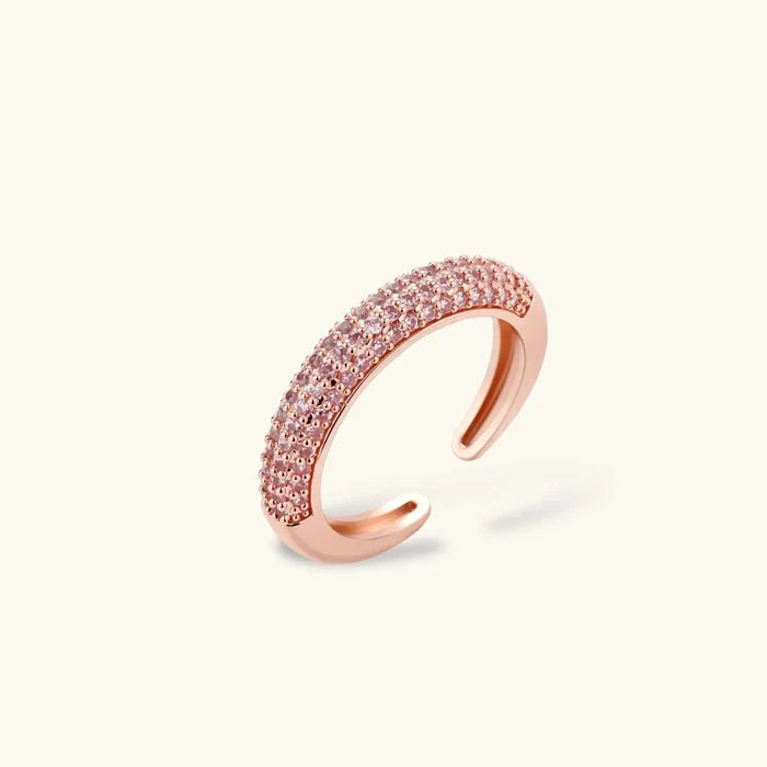 Pink Pavé Zirconia Necklace keyword accompanies an open ring in rose gold-tone metal with rows of pink pavé stones.