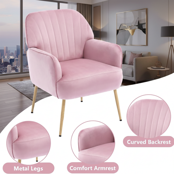 Pink Velvet Salon Accent Chair with Shell Backrest and Metal Legs