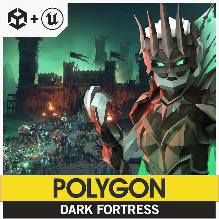 Game assets cover for POLYGON Dark Fortress featuring a warrior and castle