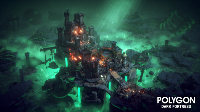 3D dark fortress with green glowing elements in a post-apocalyptic setting