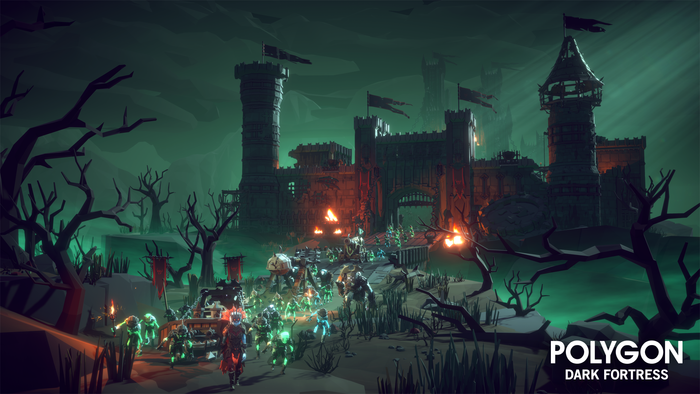 A dark fortress with animated horde characters spilling out the gates in a creepy fantasy setting