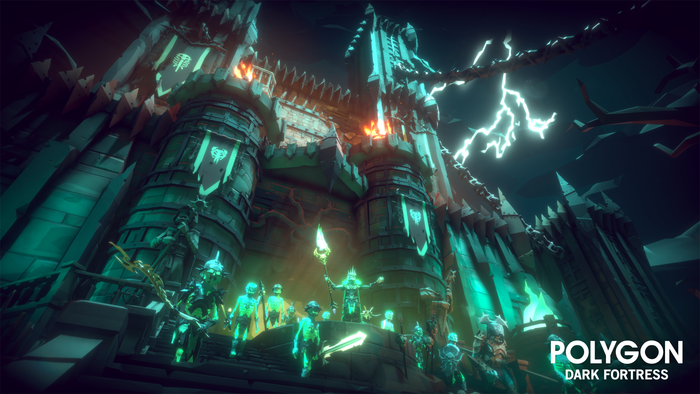 Dark fortress with glowing green lights, wizard and warrior characters in a sci-fi or fantasy setting