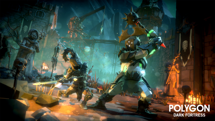 Two armored characters in a dark, fantasy setting fighting one another with a sword and mace