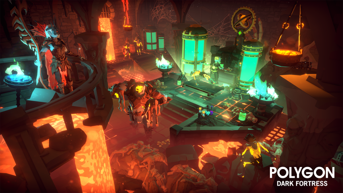 Dark fortress interior with glowing green machinery and characters in a fantasy setting.