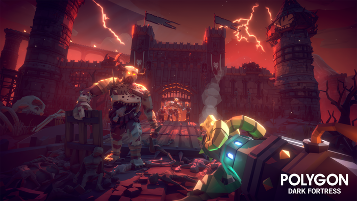 Game scene from POLYGON Dark Fortress asset pack with 3D characters and a glowing red dark fortress in the background.