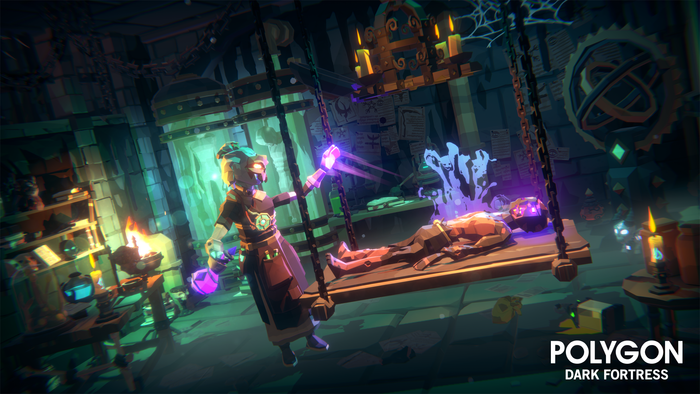 Character in a dark fortress performing a magical ritual on a figure lying in a bed and glowing purple light coming out of their body