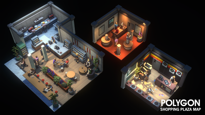 Isometric view of a shopping plaza map with various shops and people
