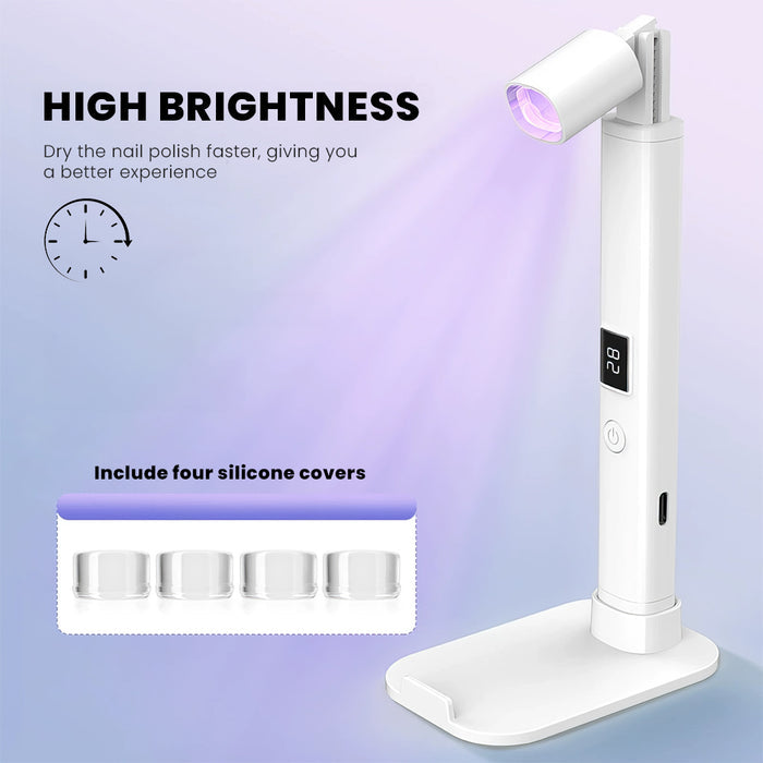 High brightness LED nail lamp with timer display, silicone finger covers, and fast drying technology for gel manicures
