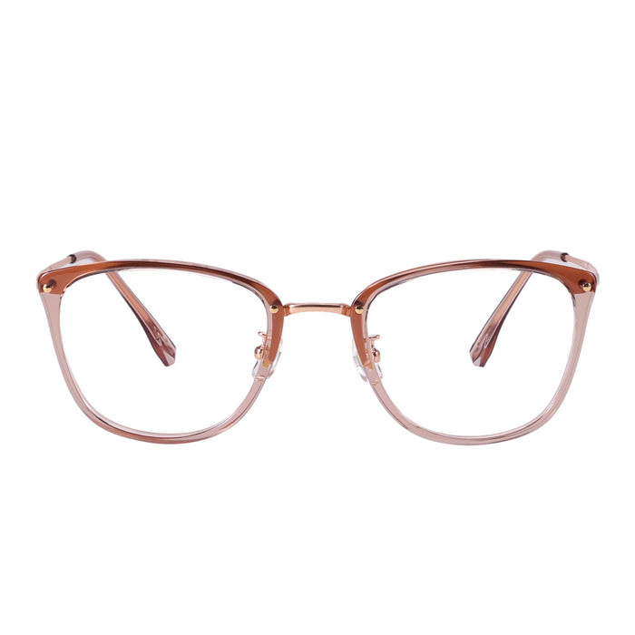 The EyeCandys Posh Square glasses feature full-frame transparent pinkish-brown cat-eye frames with gold hinge accents, shown from the front against a white background.