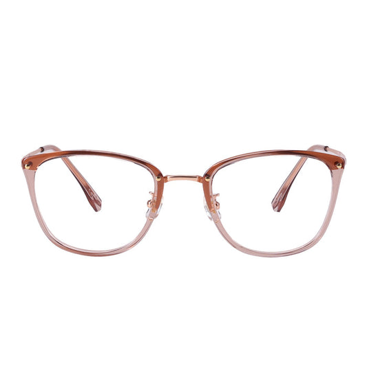 The EyeCandys Posh Square glasses feature full-frame transparent pinkish-brown cat-eye frames with gold hinge accents, shown from the front against a white background.
