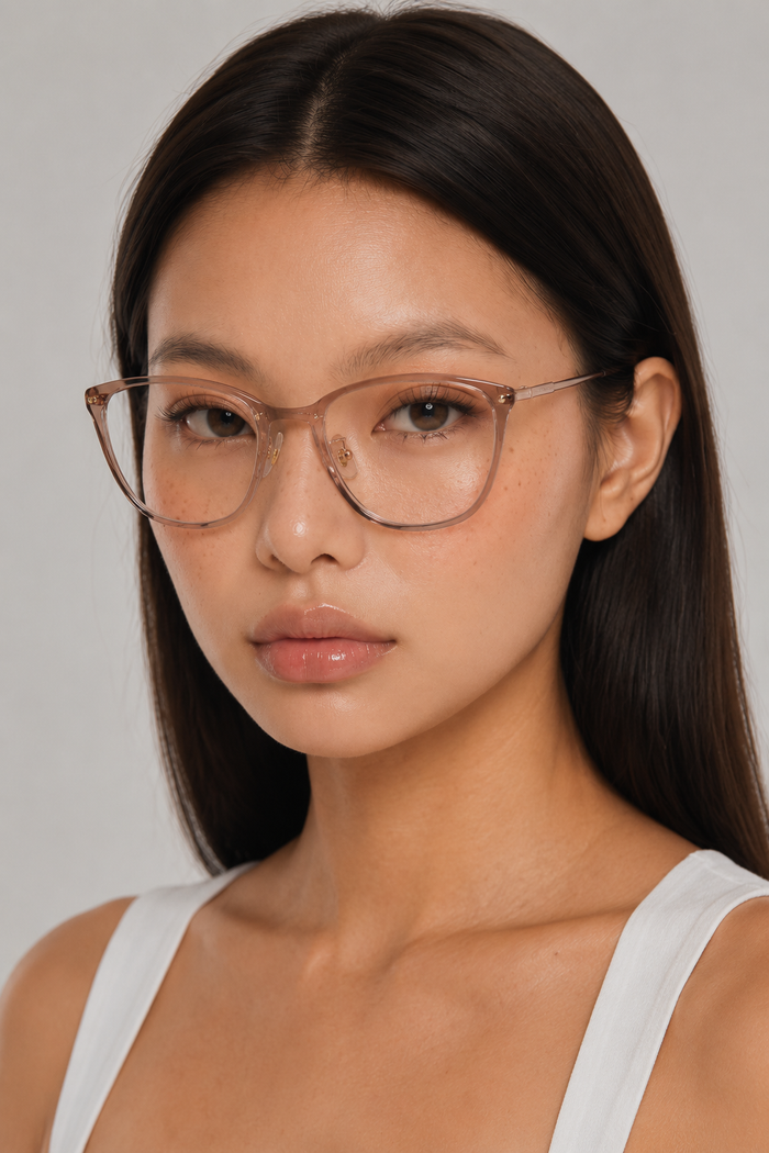 EyeCandys Posh Square prescription reading glasses model shot featuring stylish square optical frames, prescription-ready women's eyewear for reading and everyday wear, blue light style glasses, office fashion, minimalist design, and modern luxury eyewear.
