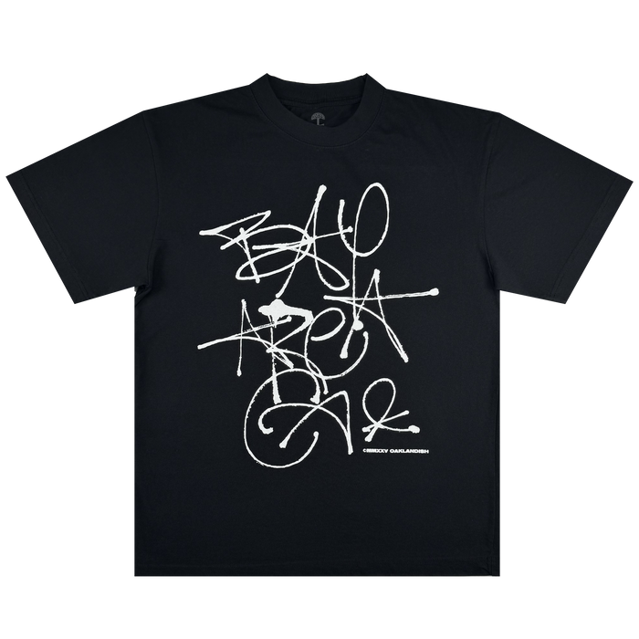 The Presto Tee by Oaklandish is a men’s black classic fit shirt in heavy-weight cotton, featuring bold white graffiti-style "BAY AREA CALI" text and a small