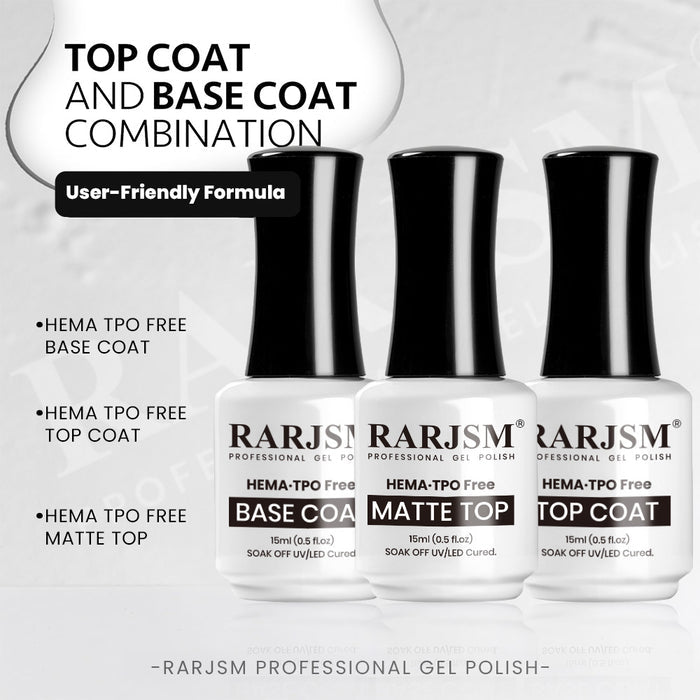 RARJSM Top Coat and Base Coat Combination - HEMA TPO FREE Base Coat Matte Top Shiny Top Coat User-Friendly Formula 15ml Professional Gel Polish