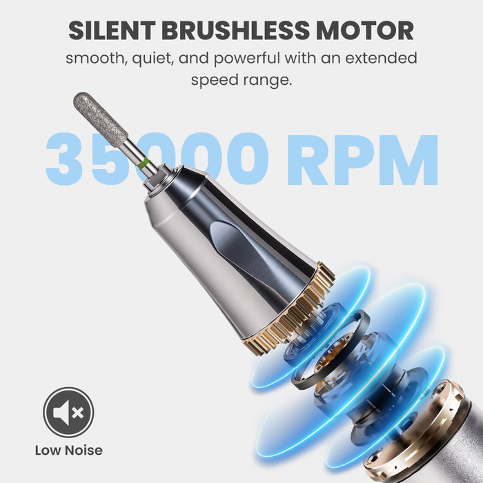 Silent brushless motor 35000 RPM cordless nail drill low noise vibration-free professional electric nail file