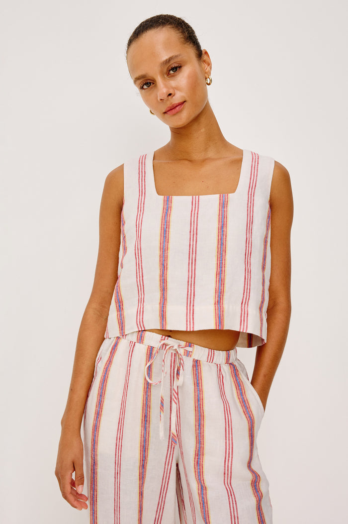Akira Tank Top in Linen With Square Neckline, Wide Fixed Shoulder Straps, and Cropped Loose Fit in Primavera Stripe Colorway - Upper Body Front VIew Featured on Model
