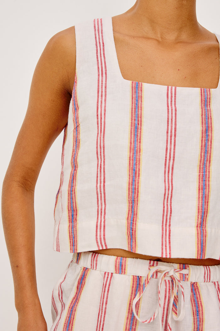 Akira Tank Top in Linen With Square Neckline, Wide Fixed Shoulder Straps, and Cropped Loose Fit in Primavera Stripe Colorway - Upper Body Front VIew Featured on Model