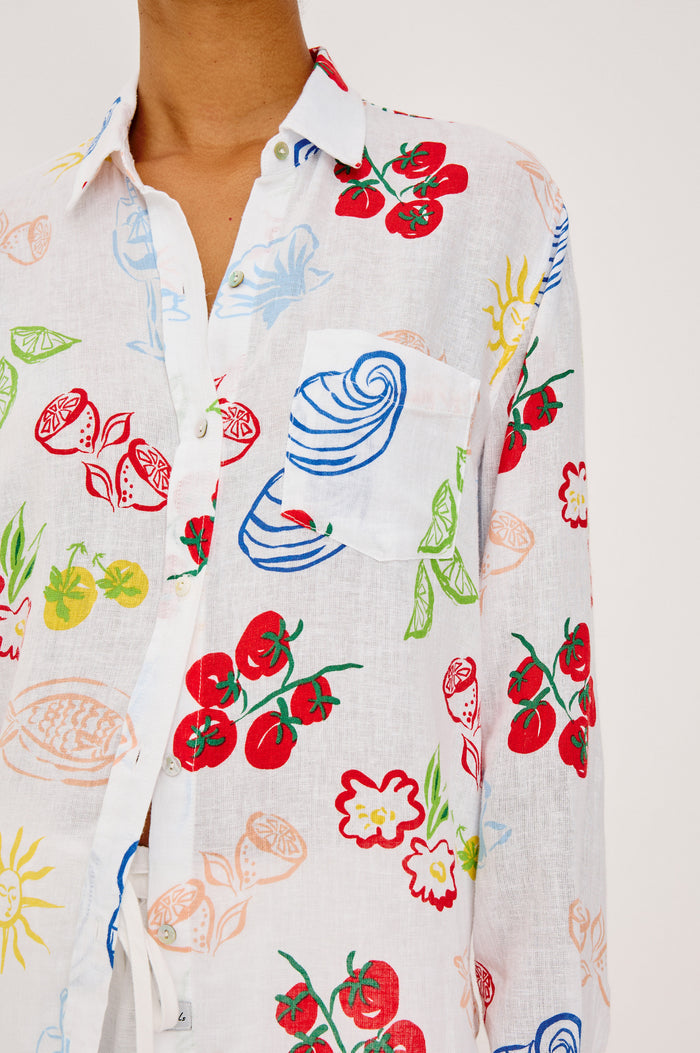 Charli Button-Up Shirt in Linen Blend With Collar, Long Sleeves, Relaxed Fit, and Single Chest Patch Pocket in White Antipasti Colorway - Upper Body Front View Featured on Model