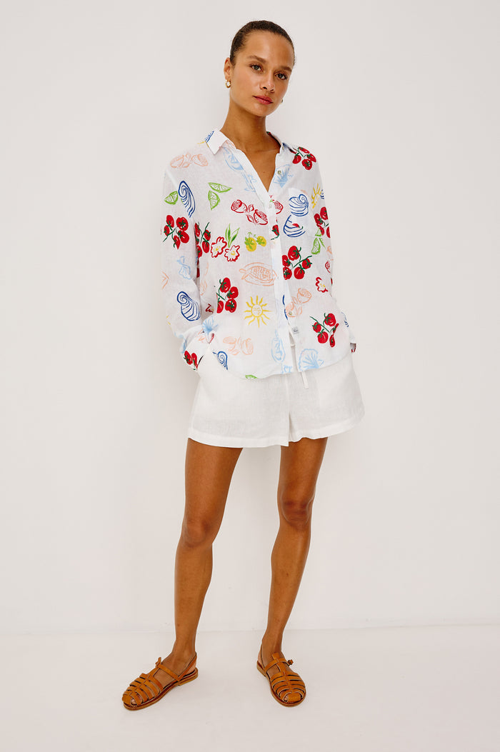 Charli Button-Up Shirt in Linen Blend With Collar, Long Sleeves, Relaxed Fit, and Single Chest Patch Pocket in White Antipasti Colorway - Full Body Front View Featured on Model