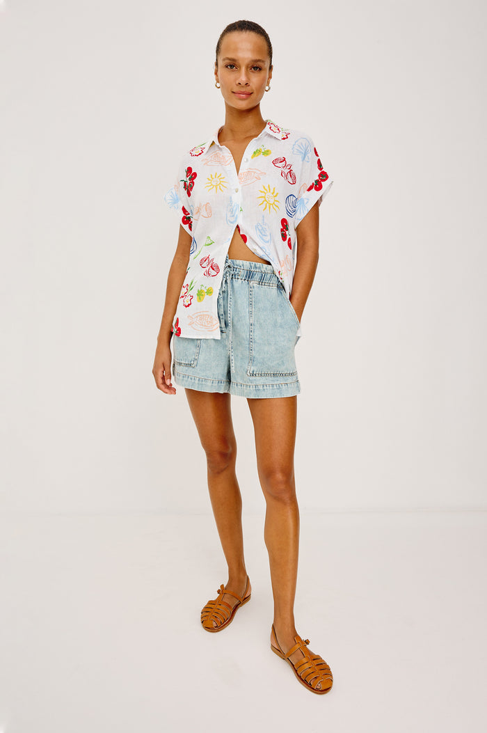 Farrah Button-Up Shirt in Featherweight Rayon With Collar, Short Rolled Sleeves, and Relaxed Fit in White Antipasti Colorway - Full Body Front View Featured on Model