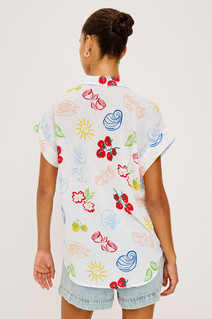 Farrah Button-Up Shirt in Featherweight Rayon With Collar, Short Rolled Sleeves, and Relaxed Fit in White Antipasti Colorway - Upper Body Back View Featured on Model
