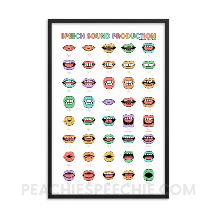 Rainbow Speech Sound Production Framed Poster - Black / 24″×36″ - peachiespeechie.com