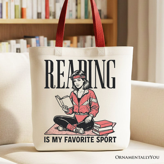 Reading Is My Favorite Sport Bookworm Canvas Tote Bag, Retro Bibliophile Gift Shopper Tote Bag OrnamentallyYou Red Handle