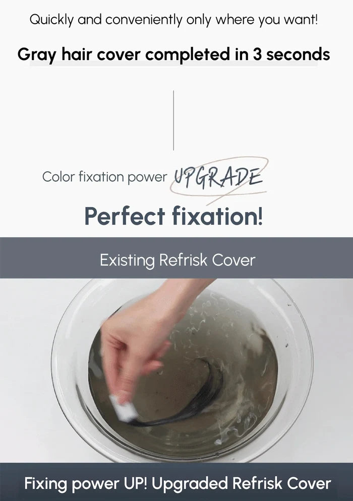 Advertisement for a gray hair cover product with text and a washing machine image.