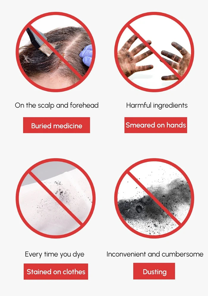 Illustrations and text highlighting issues with hair dye use, including scalp and forehead contact, harmful ingredients, buried medicine, smeared on hands, staining clothes, and inconvenient dusting.
