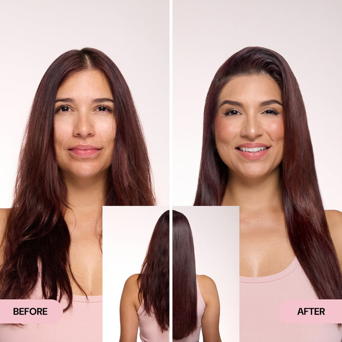 Before and after images showing a woman with textured, uneven hair transformed into smooth, glossy straight hair.