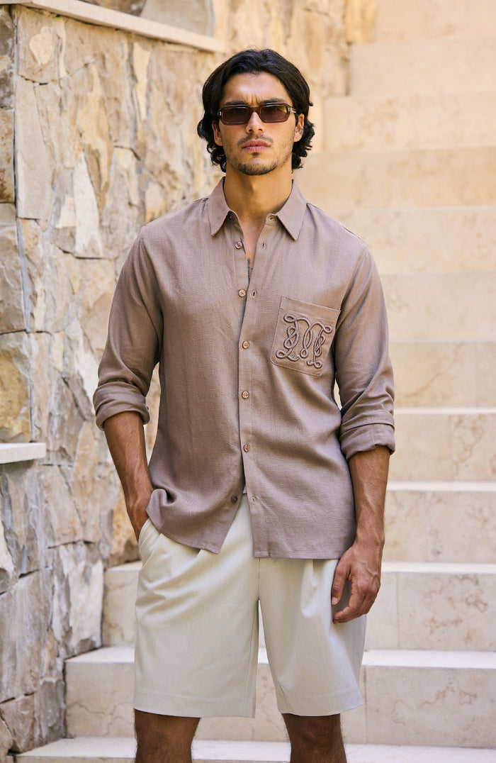 Relaxed Pleated Bermuda Shorts in Beige