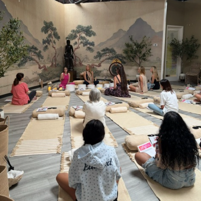 Participants gather on floor mats for a restorative Reiki breathwork and crystal healing sound bath in a serene room with a mountain mural