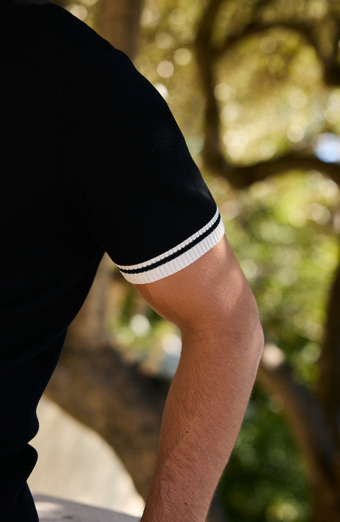 Riccio Slim Knit Tipped Polo in Black
