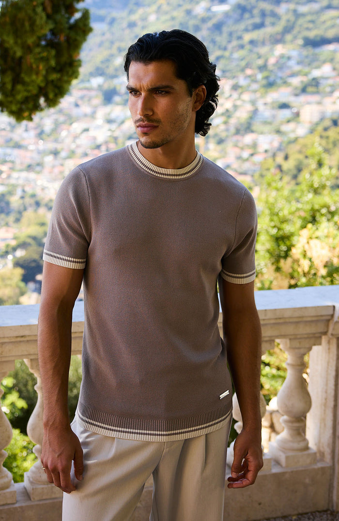 Riccio Slim Knit Tipped Polo in Taupe