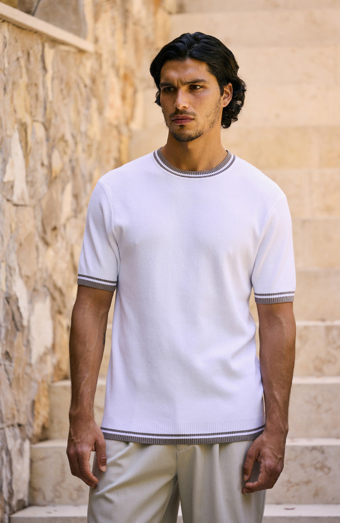 Riccio Slim Knit Tipped Tee in White