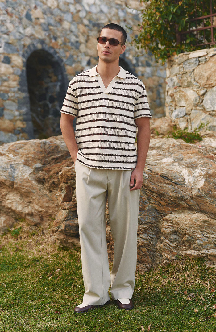 Romano Boxy Stripe Polo in Cream and Brown