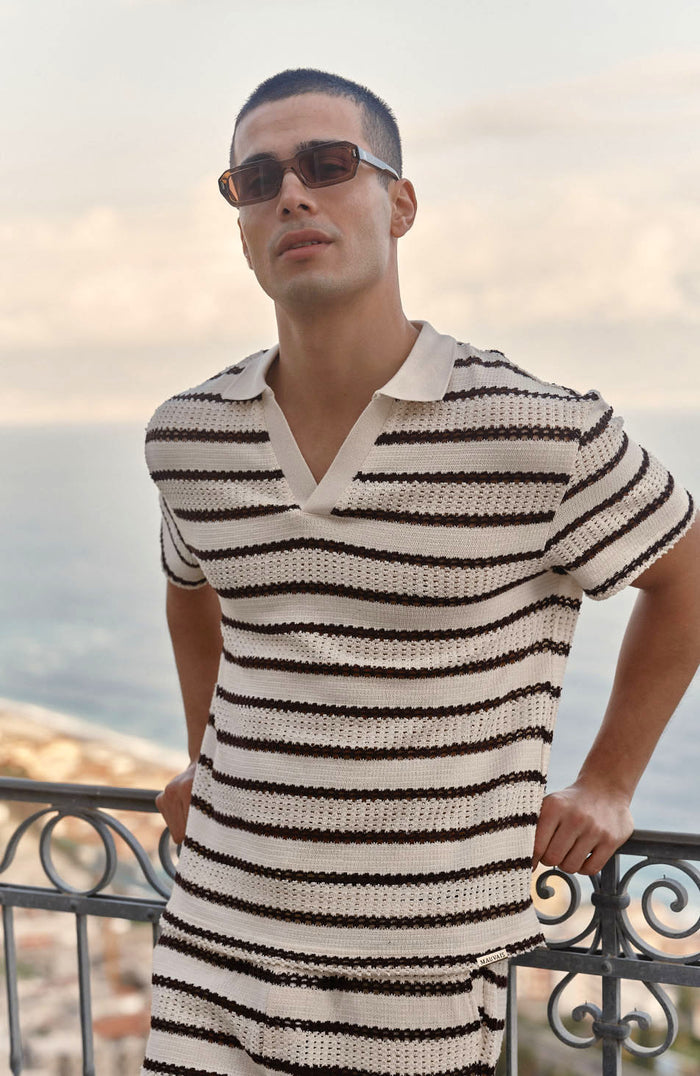 Romano Boxy Stripe Polo in Cream and Brown