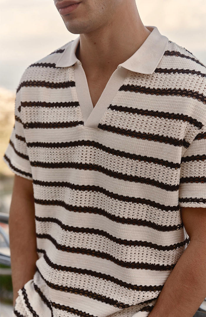 Romano Boxy Stripe Polo in Cream and Brown