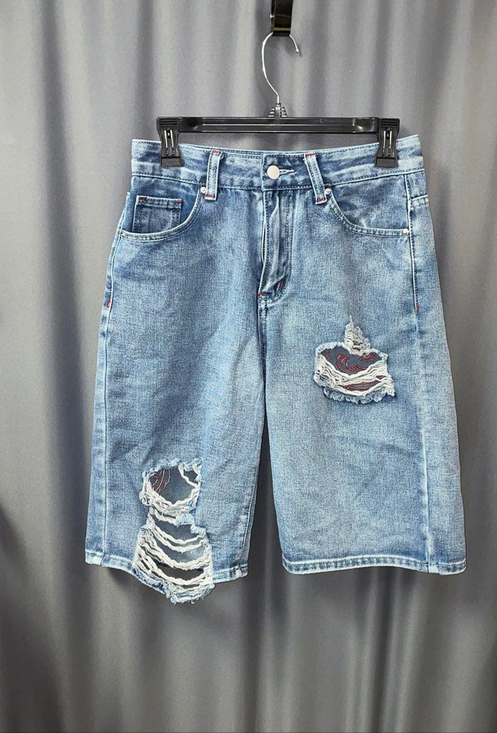 Romwe Women's Blue Distressed Ripped Cross Patch Knee Denim Shorts Sz S