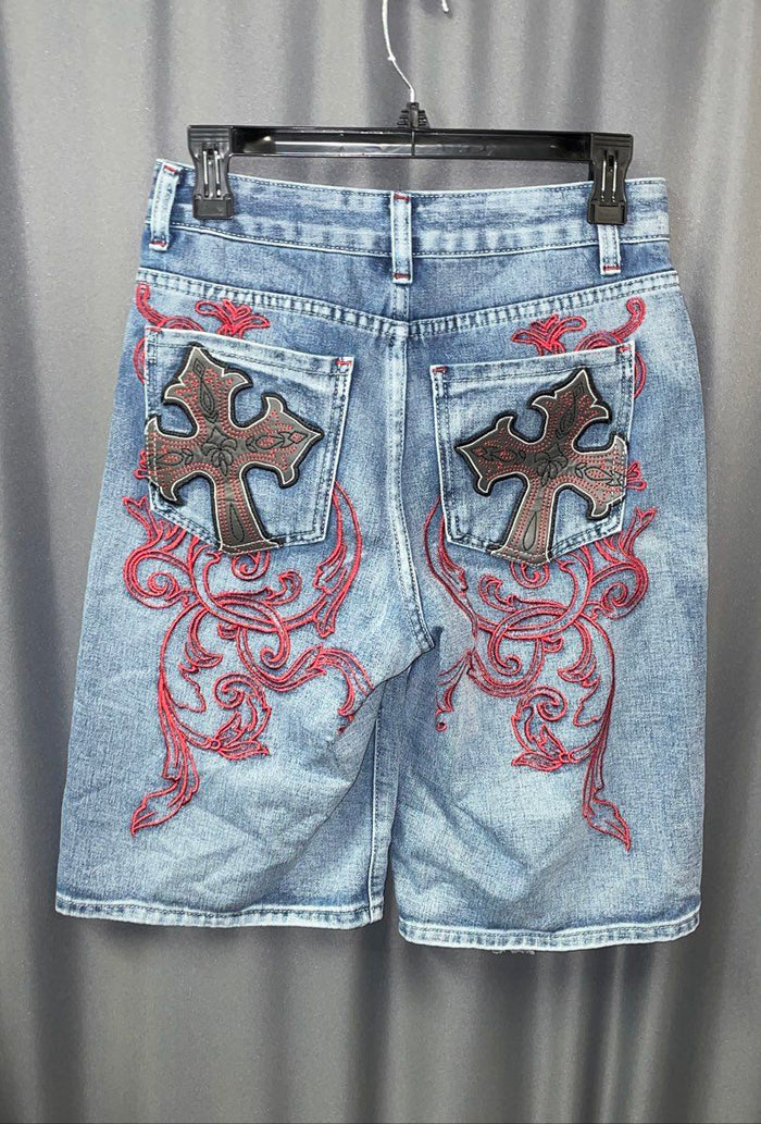 Romwe Women's Blue Distressed Ripped Cross Patch Knee Denim Shorts Sz S