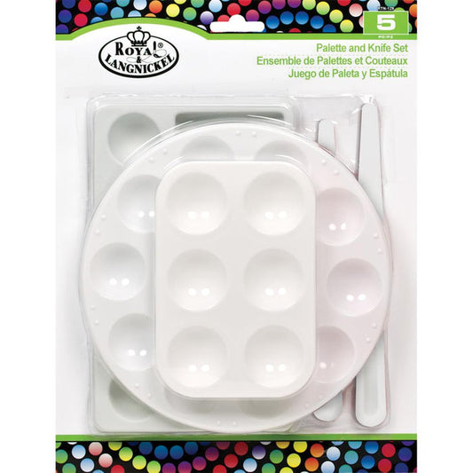 Royal Brush - Palette & Knife Set. Royal Brush-Palette & Knife Set. Allows you to mix paint easily and work with your colors! This 11x8-1/2 inch package contains three plastic paint palettes and two plastic paint palette knives. Available at Embellish Away located in Bowmanville Ontario Canada.