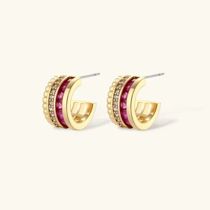 Royal Ruby Red Zirconia huggie earrings in gold-tone metal with deep red stones and clear pavé accents