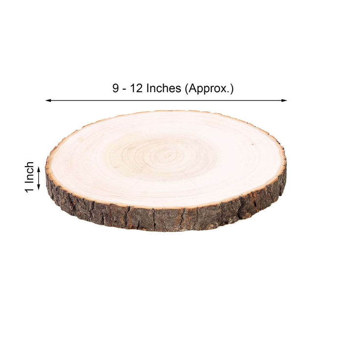 Natural wood slice, 9-12 inches in diameter, 1 inch thick, ideal for decor or crafts.