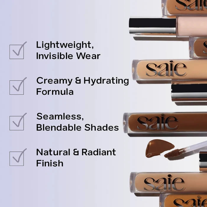 Saie Hydrabeam hydrating under eye brightener in multiple shades, featuring smooth concealing formula for a radiant look.