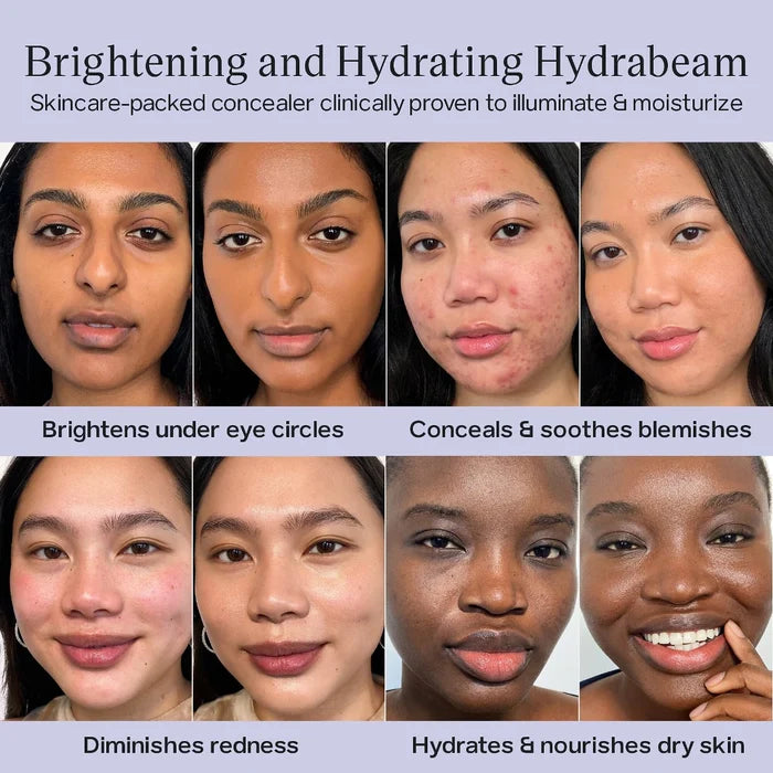 Saie Hydrabeam under eye brightener in multiple shades, showing a close-up of the sleek tube and applicator for hydrating concealer.