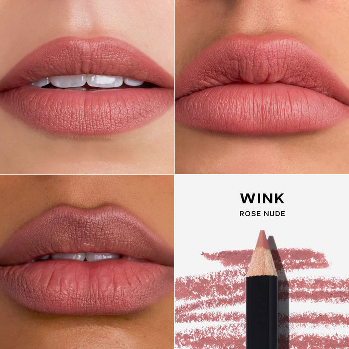 Saie Lip Liner 101 creamy and nourishing lip pencil in various shades, displayed with the product case and swatches.